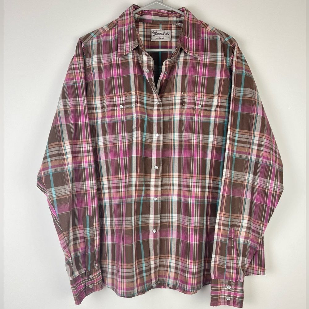 Wrancher by Wrangler Pearl Snap L/S Shirt Women’s XXL Pink Brown Blue